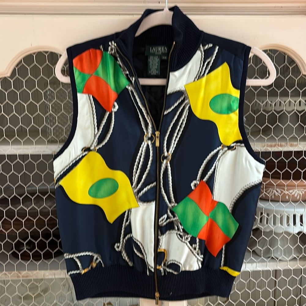RALPH LAUREN Vintage Silk Nautical Flag Print Quilted Vest Knit Back Sz S
